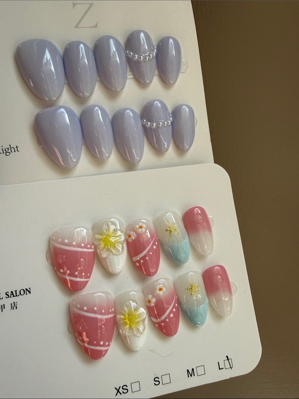 3D Lavender Pearl & Floral Pink Press-On Nail bundle of two large